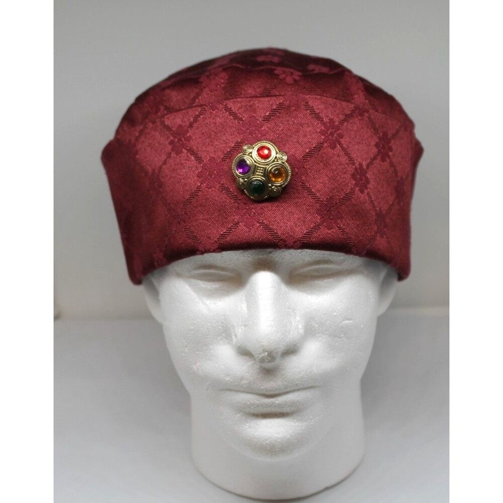 Men’s African Traditional Woven Fabric Hat/Cap w/ Gold Gemstone Emblem 24"